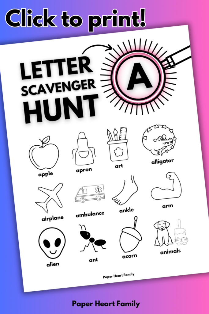 Letter A Scavenger Hunt- Free Printable For Kids