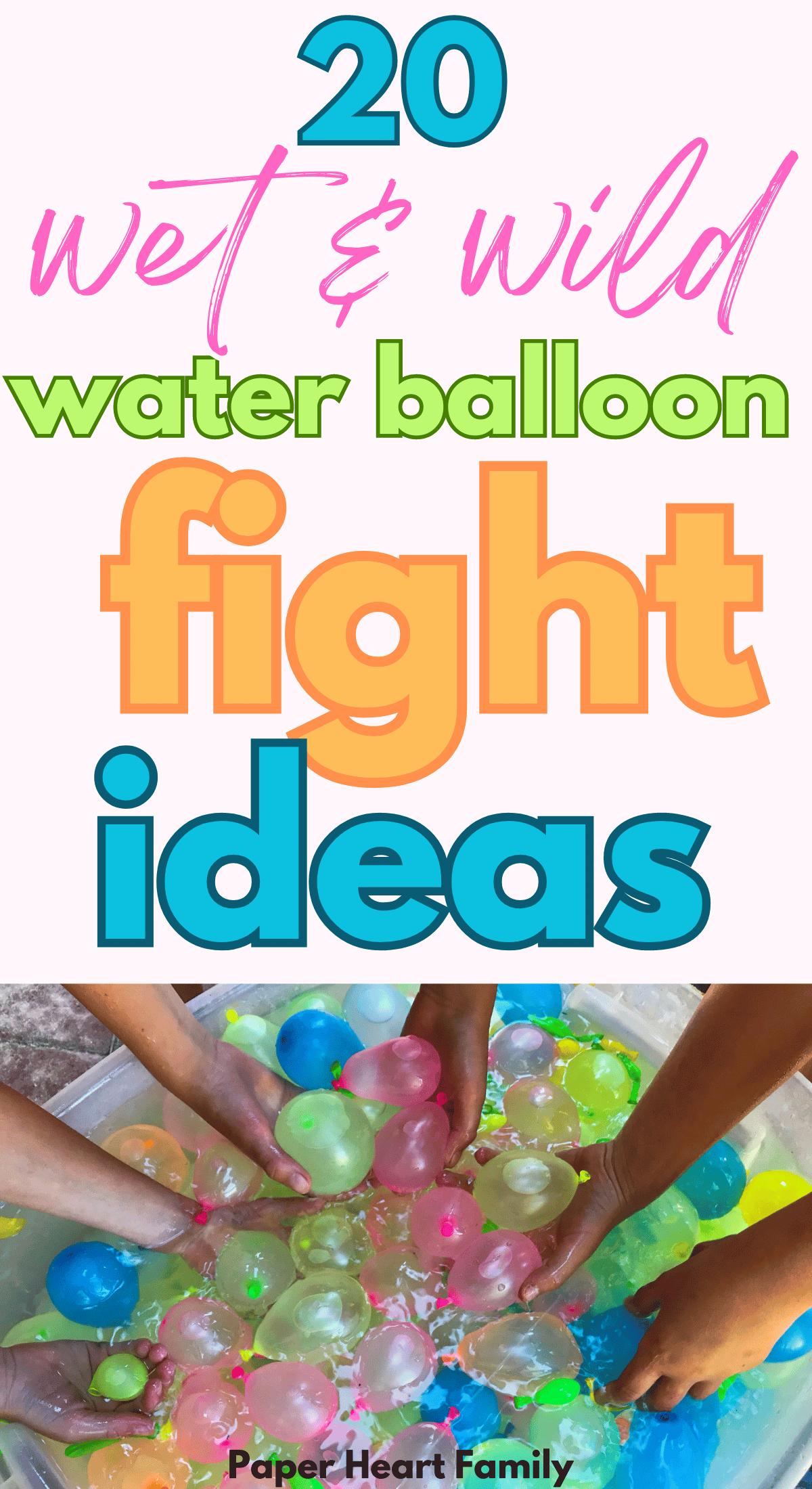 kids grabbing water balloons to prepare for a water balloon fight