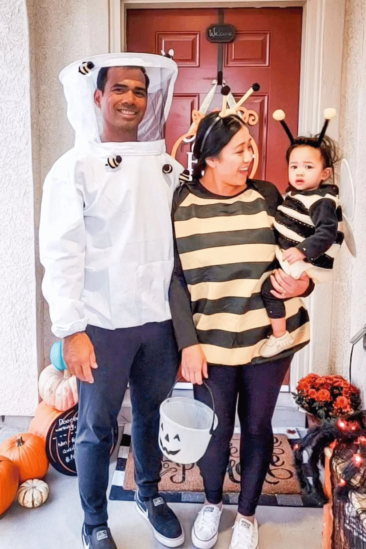 Dad dressed as a beekeeper and mom and baby dressed as bees